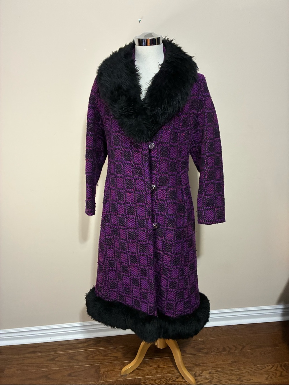 Niccolini Women’s Check Faux-Fur Trim Long Trench Coat